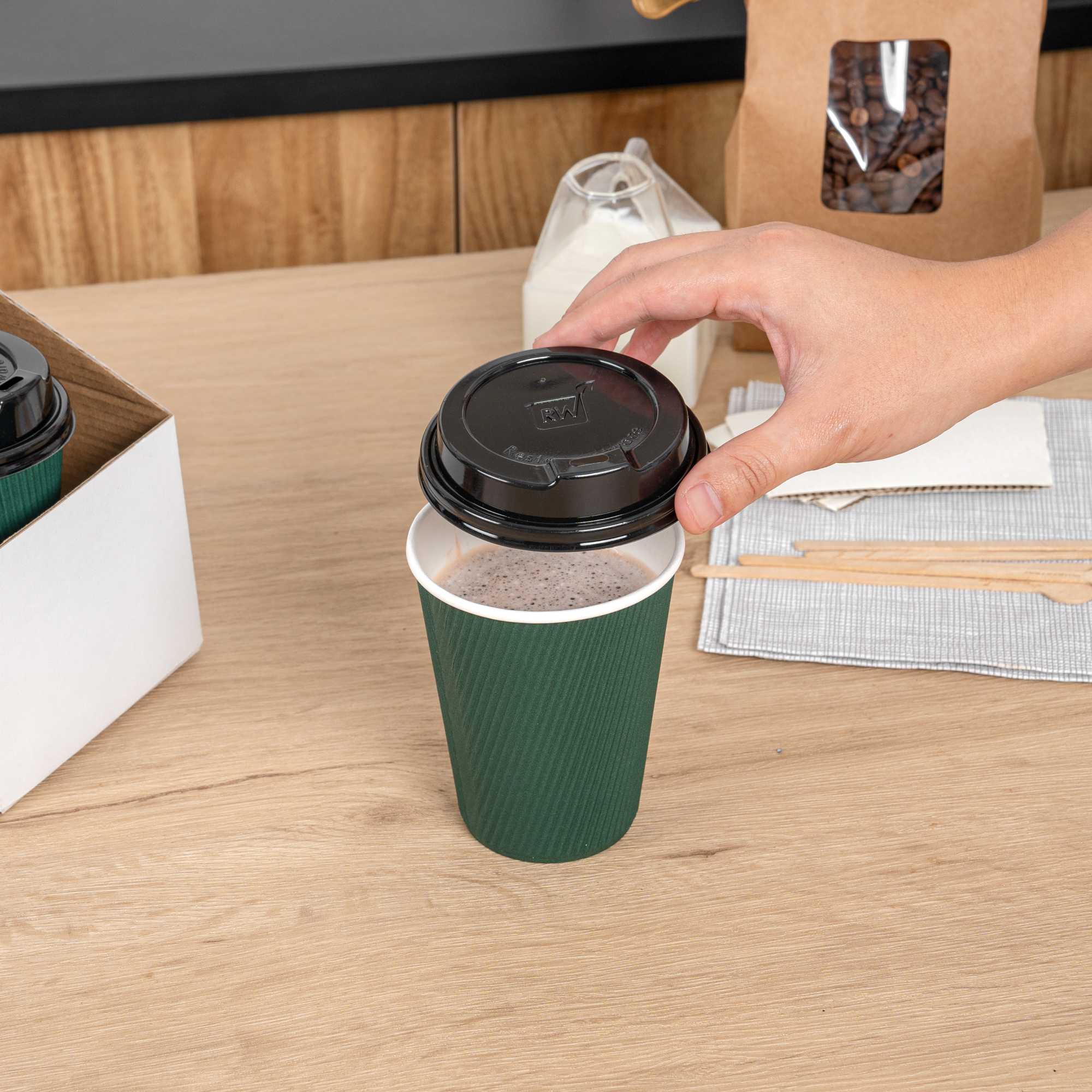 Restpresso Black Plastic Coffee Cup Lid - Elevated Spout, Fits 8, 12, 16 and 20 oz - 500 count box
