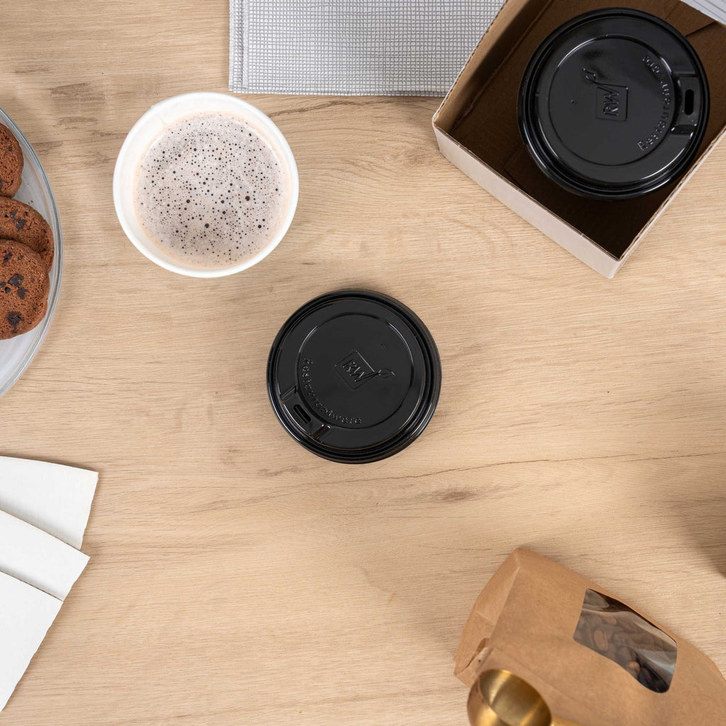 Restpresso Black Plastic Coffee Cup Lid - Elevated Spout, Fits 8, 12, 16 and 20 oz - 500 count box